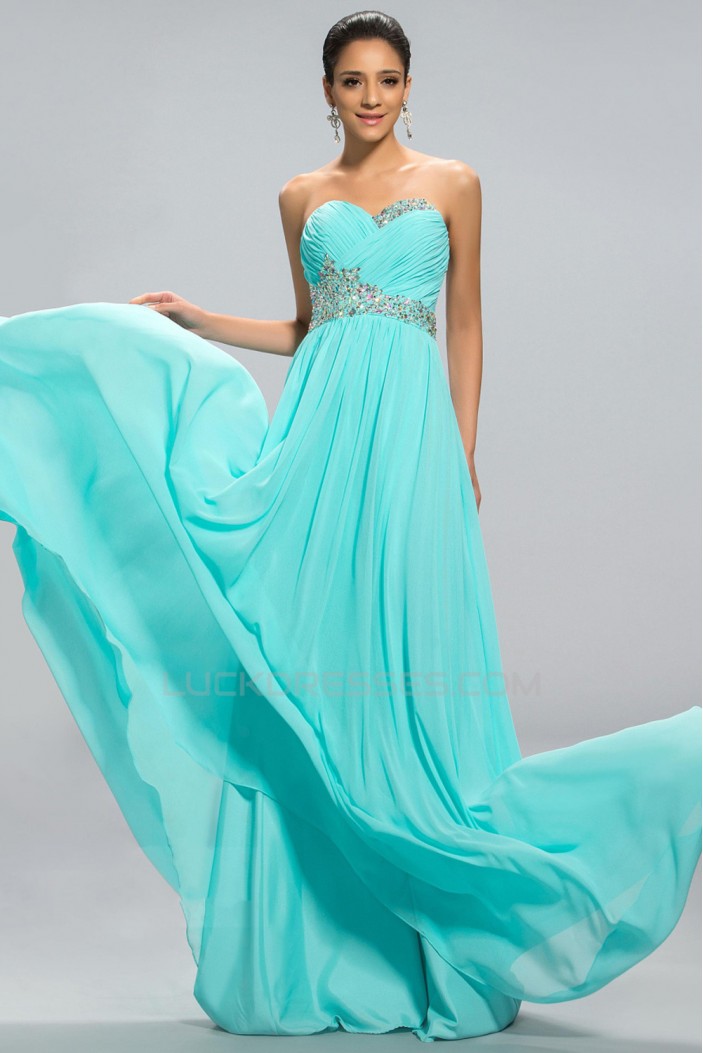 A-Line Sweetheart Beaded Long Blue Chiffon Prom Evening Formal Party ...
