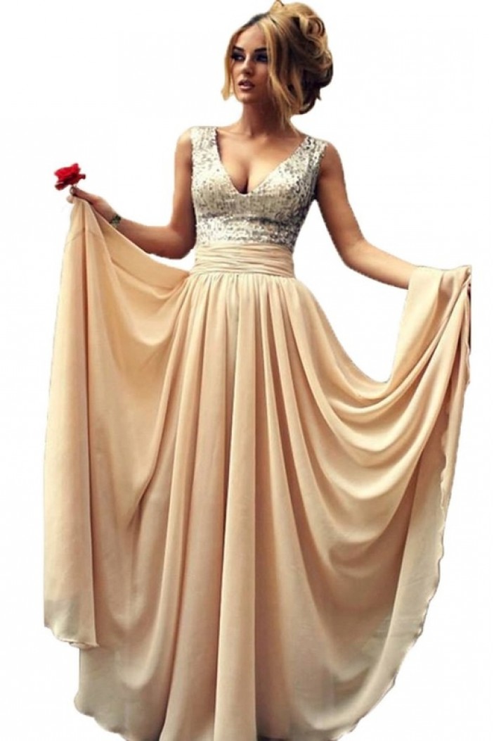 A-Line V-Neck Sequins Chiffon Long Prom Evening Party Dresses ED010726