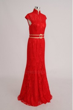 High Neck Long Red Lace Prom Evening Formal Party Dresses ED010758