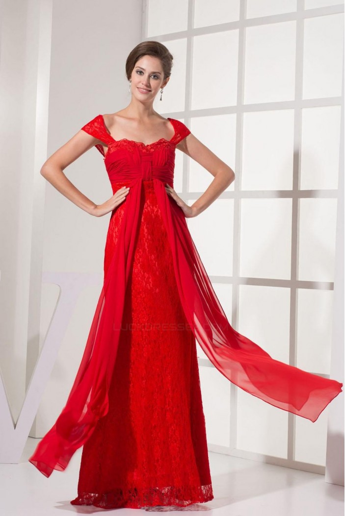 Sheath Off-the-Shoulder Long Red Chiffon and Lace Prom Evening Dresses ED010791