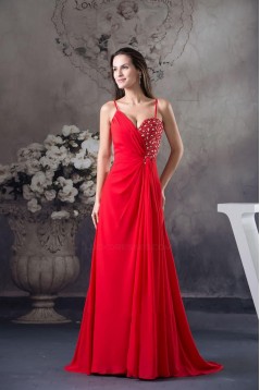 A-Line Spaghetti Strap Long Red Chiffon Beaded Prom Evening Dresses ED010802