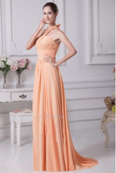 A-Line Halter Beaded Long Chiffon Prom Evening Dresses ED010805