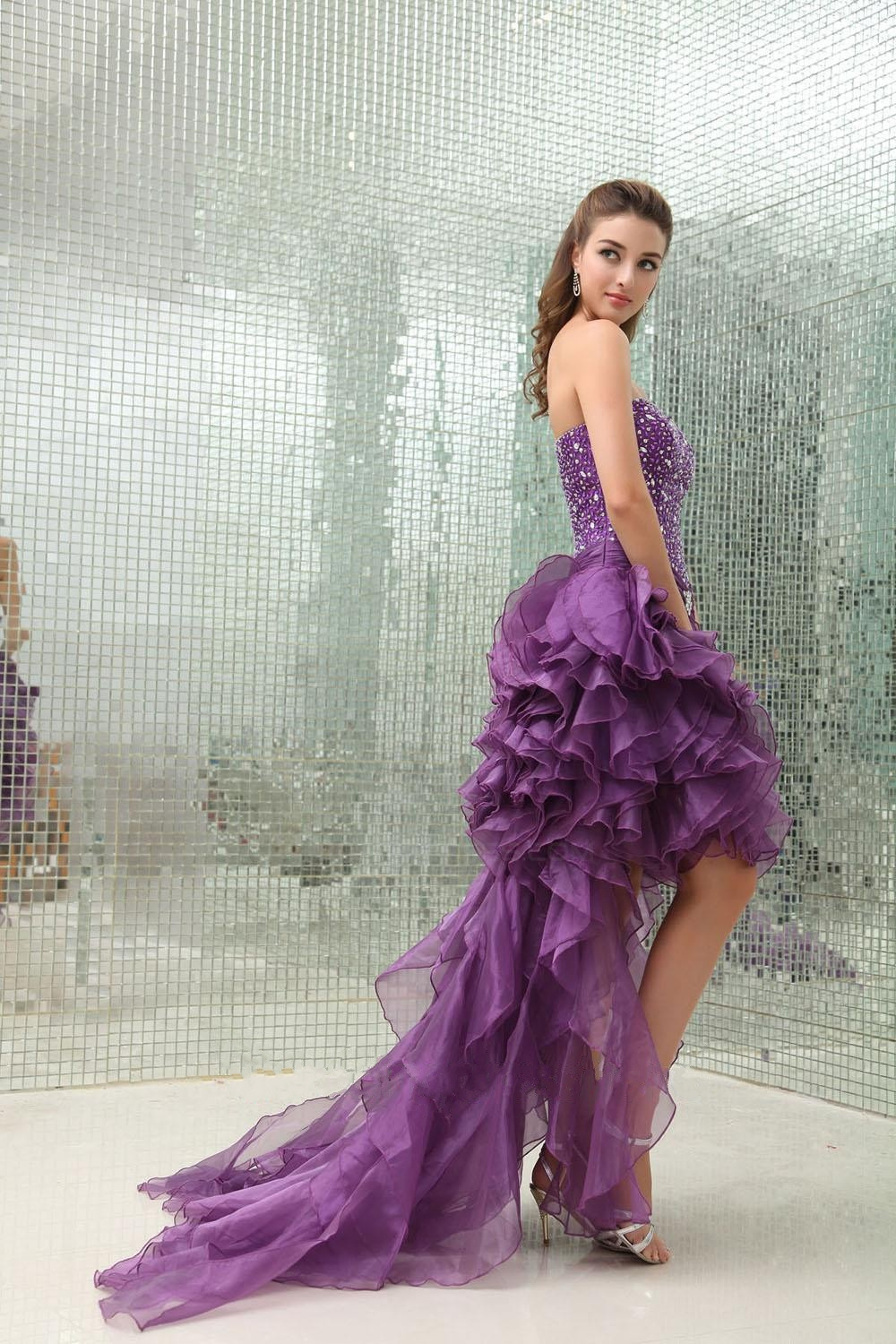 High Low Sweetheart Beaded Purple Prom Evening Dresses Ed010806