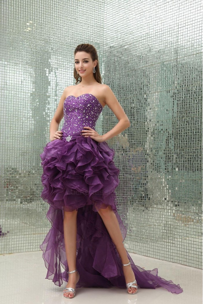High Low Sweetheart Beaded Purple Prom Evening Dresses ED010806