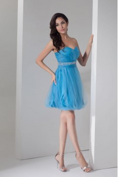 Short Sweetheart Beaded Blue Tulle Cocktail Homecoming Prom Evening Dresses ED010813