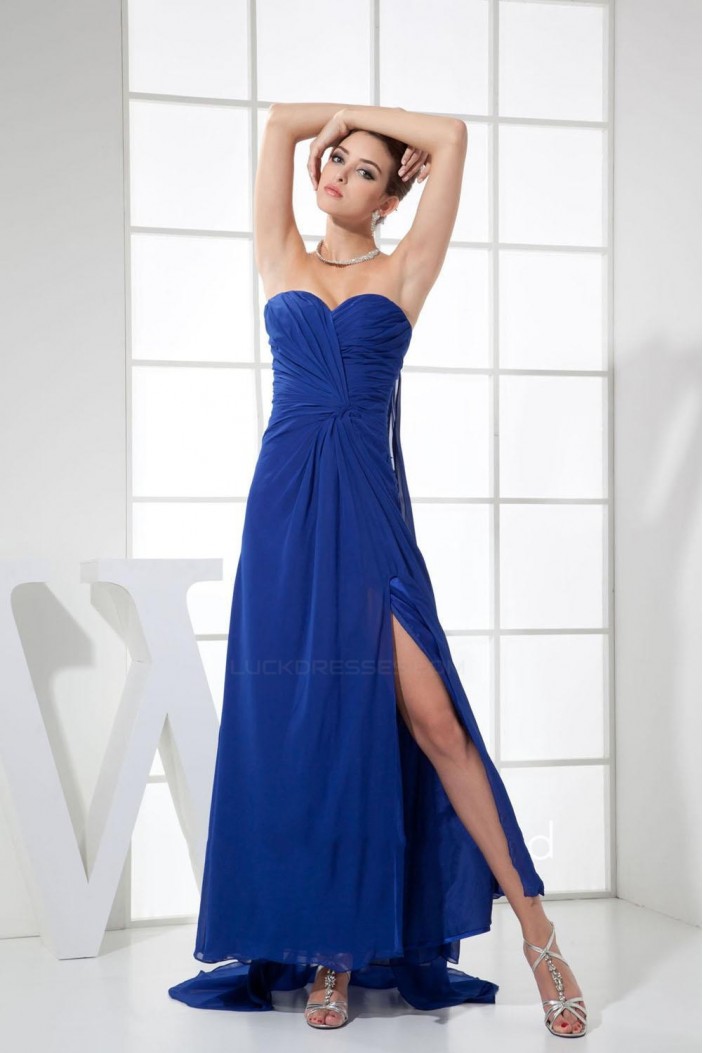 Long Blue Chiffon Prom Evening Dresses Sweetheart Split-Front ED010825
