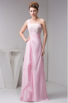 A-Line One-Shoulder Long Pink Chiffon Prom Evening Dresses ED010826