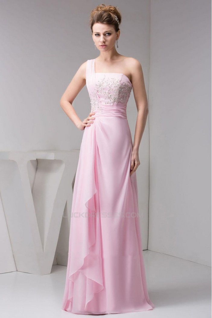 A-Line One-Shoulder Long Pink Chiffon Prom Evening Dresses ED010826