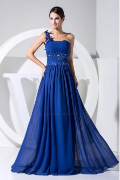 A-Line One-Shoulder Beaded Long Blue Chiffon Prom Evening Dresses ED010837