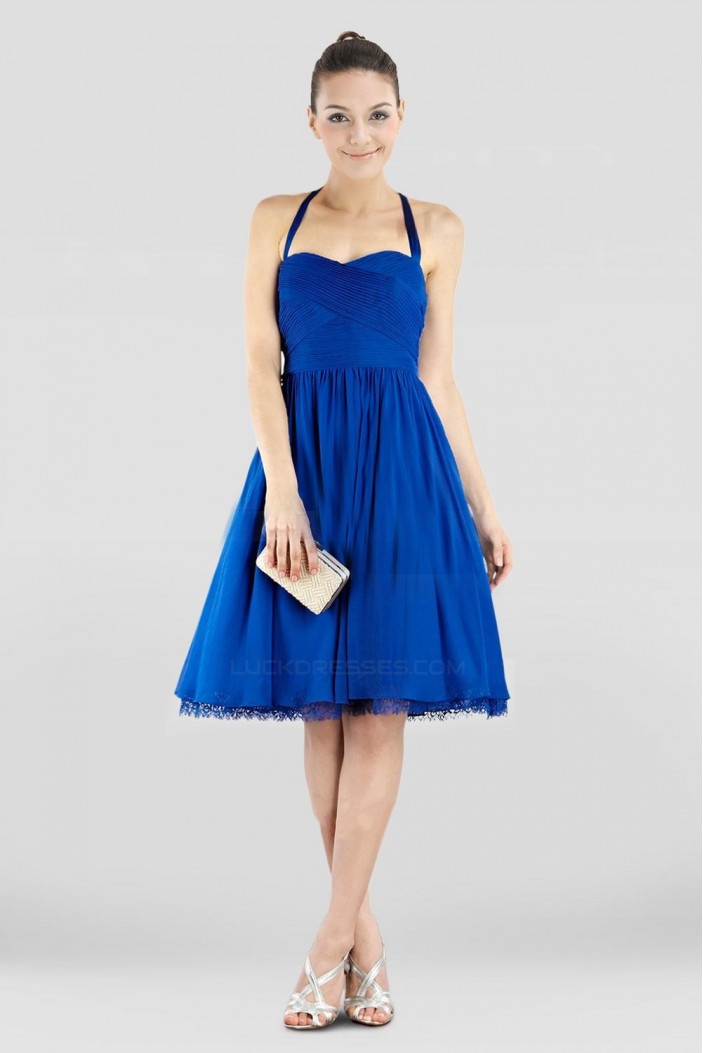 A-Line Halter Short Blue Chiffon Prom Evening Dresses ED010840