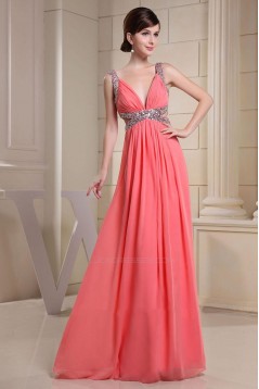 A-Line Beaded Straps Sleeveless Long Chiffon Prom Evening Dresses ED010845