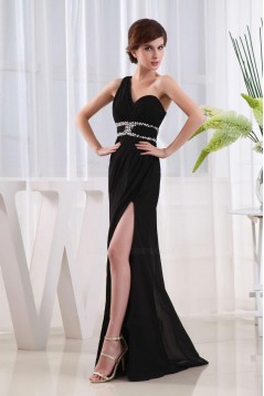 Sheath One-Shoulder Beaded Split-Front Black Long Chiffon Prom Evening Formal Dresses ED010862