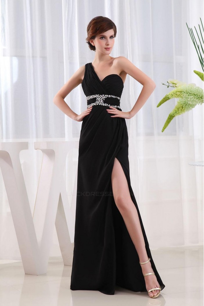 Sheath One-Shoulder Beaded Split-Front Black Long Chiffon Prom Evening Formal Dresses ED010862