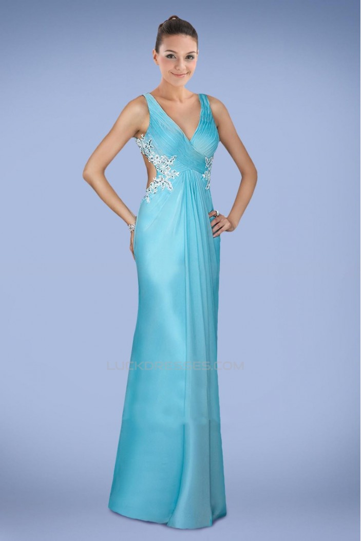 Sheath V-Neck Blue Long Chiffon Prom Evening Formal Dresses ED010864
