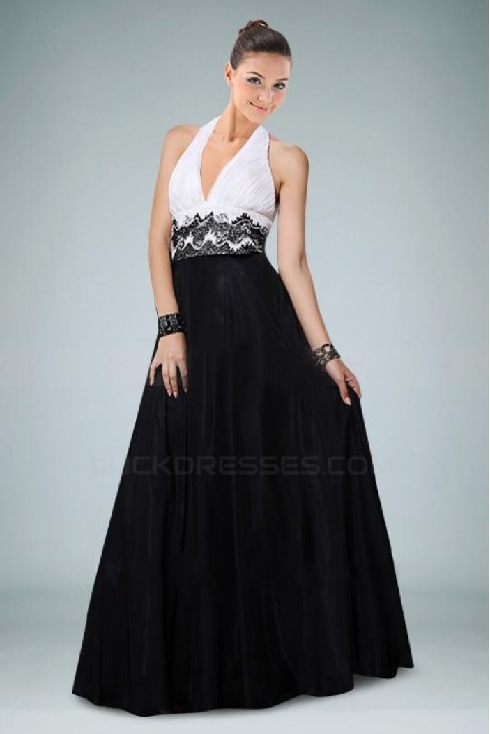 A-Line Halter Black White Long Prom Evening Formal Dresses ED010867