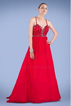 A-Line Spaghetti Strap Beaded Red Long Chiffon Prom Evening Formal Dresses ED010897