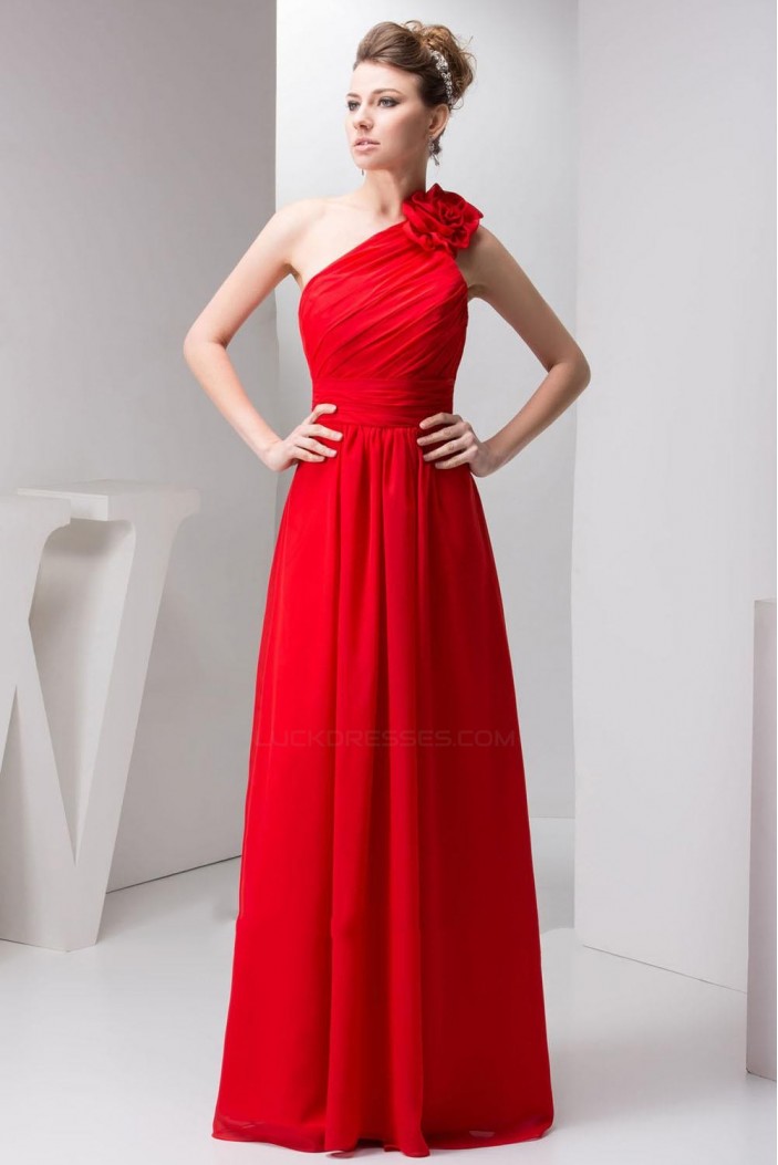 A-Line One-Shoulder Red Long Chiffon Prom Evening Formal Bridesmaid Dresses ED010919