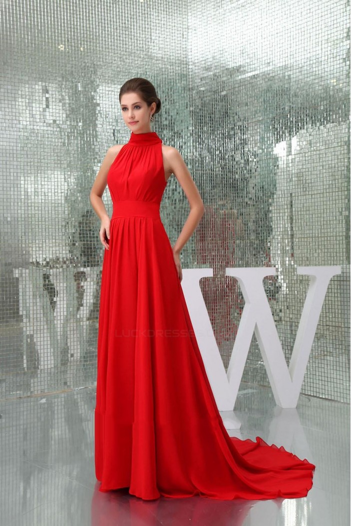 A-Line High-Neck Long Red Chiffon Prom Evening Formal Dresses ED010924