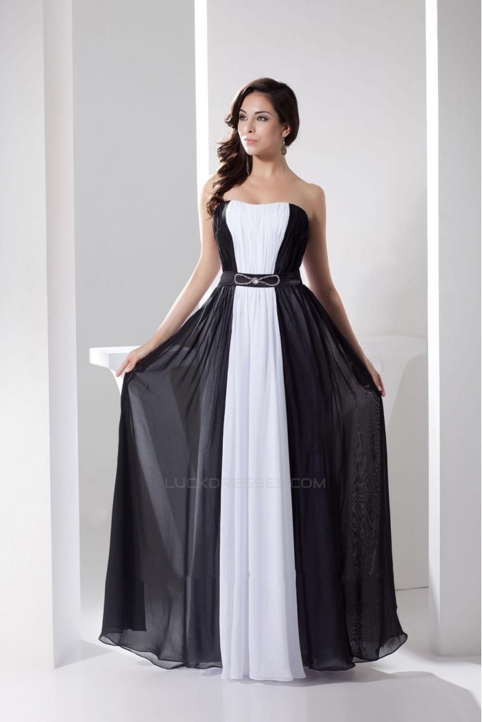 A-Line Strapless Black White Beaded Long Chiffon Prom Evening Formal Dresses ED010940