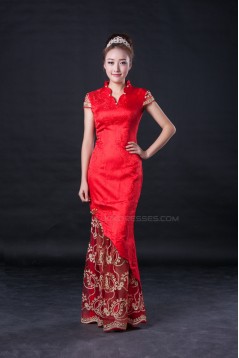 Trumpet/Mermaid Cap Sleeve Long Red Prom Evening Formal Dresses ED010952