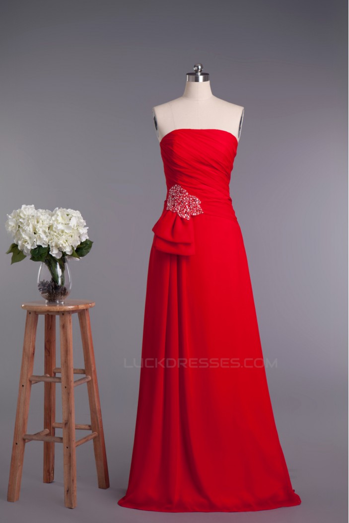 A-Line Strapless Beaded Long Red Chiffon Prom Evening Formal Dresses ED010962