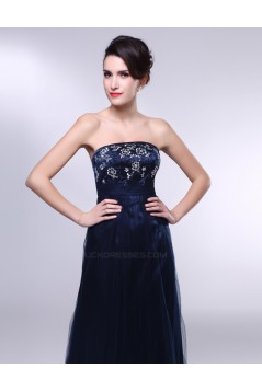 A-Line Strapless Navy Blue Long Prom Evening Formal Dresses ED010967