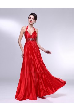 A-Line Halter Beaded Pleated Long Red Prom Evening Formal Dresses ED010970