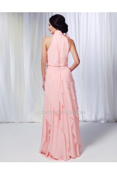 Sheath/Column High-Neck Beaded Long Pink Chiffon Prom Evening Formal Dresses ED010976