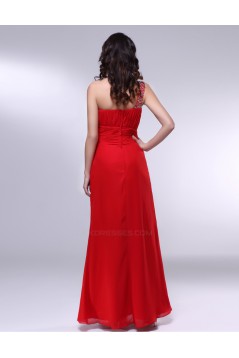 A-Line One-Shoulder Beaded Long Red Chiffon Prom Evening Formal Dresses ED010977