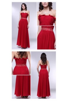 A-Line Strapless Beaded Long Red Chiffon Prom Evening Formal Dresses ED010979