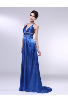 A-Line Halter Beaded Long Blue Prom Evening Formal Dresses ED010981