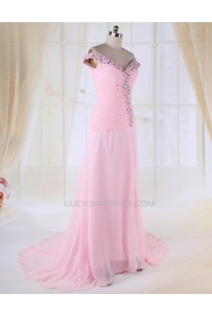 Sheath Split-Front Off-the-Shoulder Beaded Long Pink Chiffon Prom Evening Formal Dresses ED010983