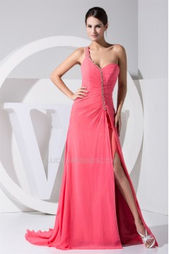 A-Line Beading One-Shoulder Puddle Train Chiffon Long Prom/Formal Evening Dresses 02020004