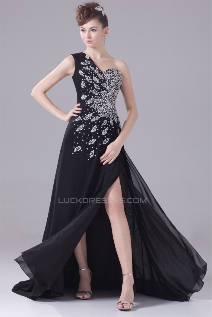 A-Line Chiffon One-Shoulder Beaded Long Black Prom/Formal Evening Dresses 02020011