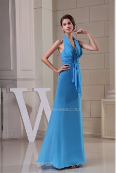 A-Line Floor-Length Ruched Halter Sleeveless Long Blue Party Formal Bridesmaid Dresses 02020019