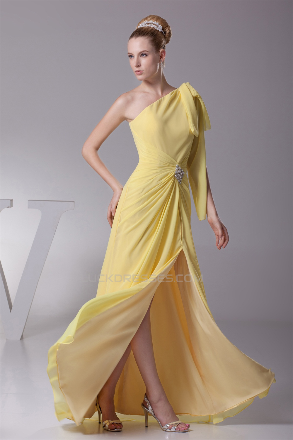 A-Line One-Shoulder Sleeveless Draped Floor-Length Long Yellow Prom ...