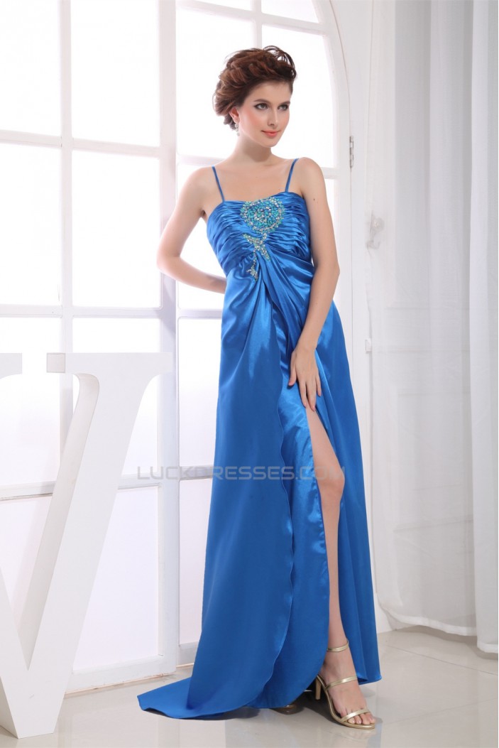 A-Line Sleeveless Brush Sweep Train Beading Long Blue Evening Party Formal Dresses 02020033