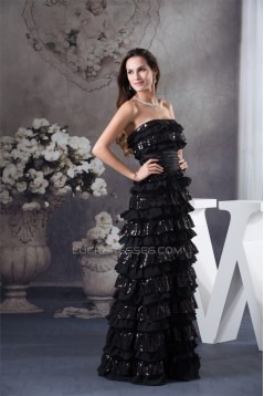A-Line Sleeveless Floor-Length Ruffles Chiffon Sequins Long Black Prom/Formal Evening Dresses 02020035