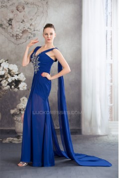 Sheath/Column Sequins Ruffles Chiffon Long Blue Prom/Formal Evening Dresses 02020037