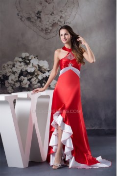 Beading Brush Sweep Train A-Line Halter Long Red Prom/Formal Evening Dresses 02020069