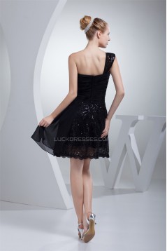 A-Line Short/Mini One-Shoulder Sleeveless Sequins Black Dresses 02021097