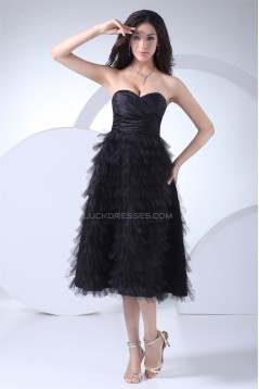 Pleats Taffeta Netting Tea Length Sleeveless Prom/Formal Evening Dresses 02021106