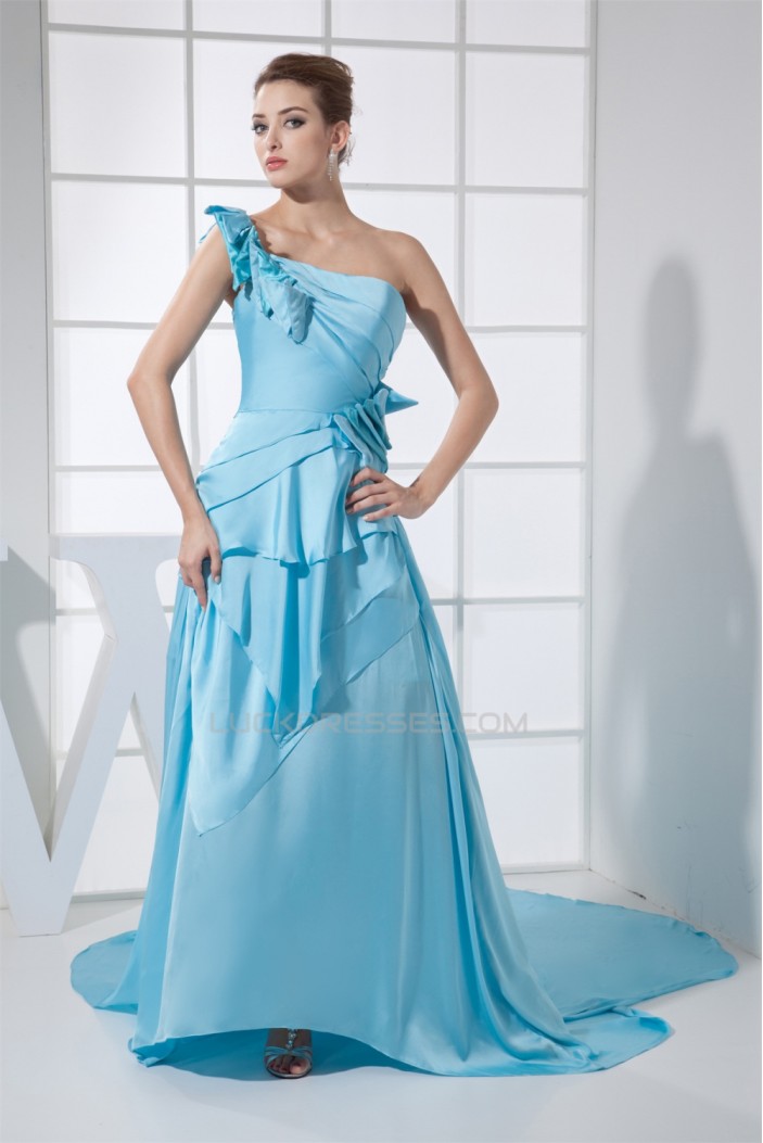 Brush Sweep Train One-Shoulder Sleeveless Long Blue Prom/Formal Evening Dresses 02020117