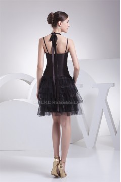 Sleeveless Halter Cascading Ruffles Knee-Length Little Black Dresses 02021209
