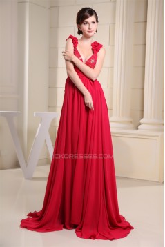 Beading V-Neck Brush Sweep Train Long Red Prom/Formal Evening Dresses 02020130