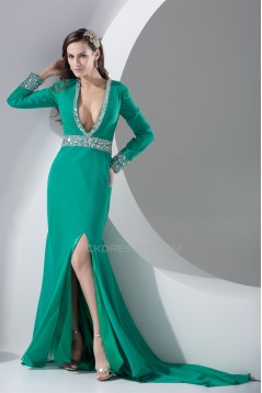 Chiffon Beading Long Sleeve V-Neck A-Line Evening Mother of the Bride Dresses 02020133