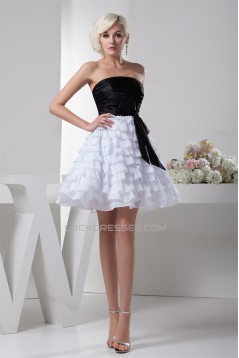 A-Line Ruched Strapless Short/Mini Satin Chiffon Black White Prom/Formal Evening Dresses 02021340