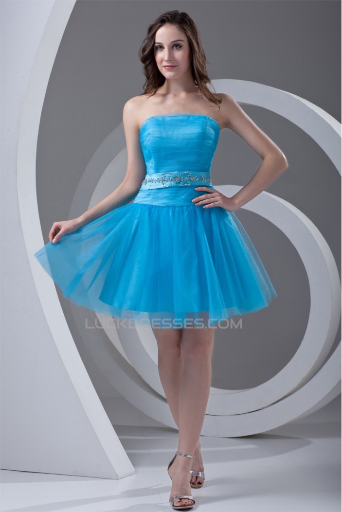 A-Line Strapless Short/Mini Satin Netting Best Bridesmaid Dresses 02021445