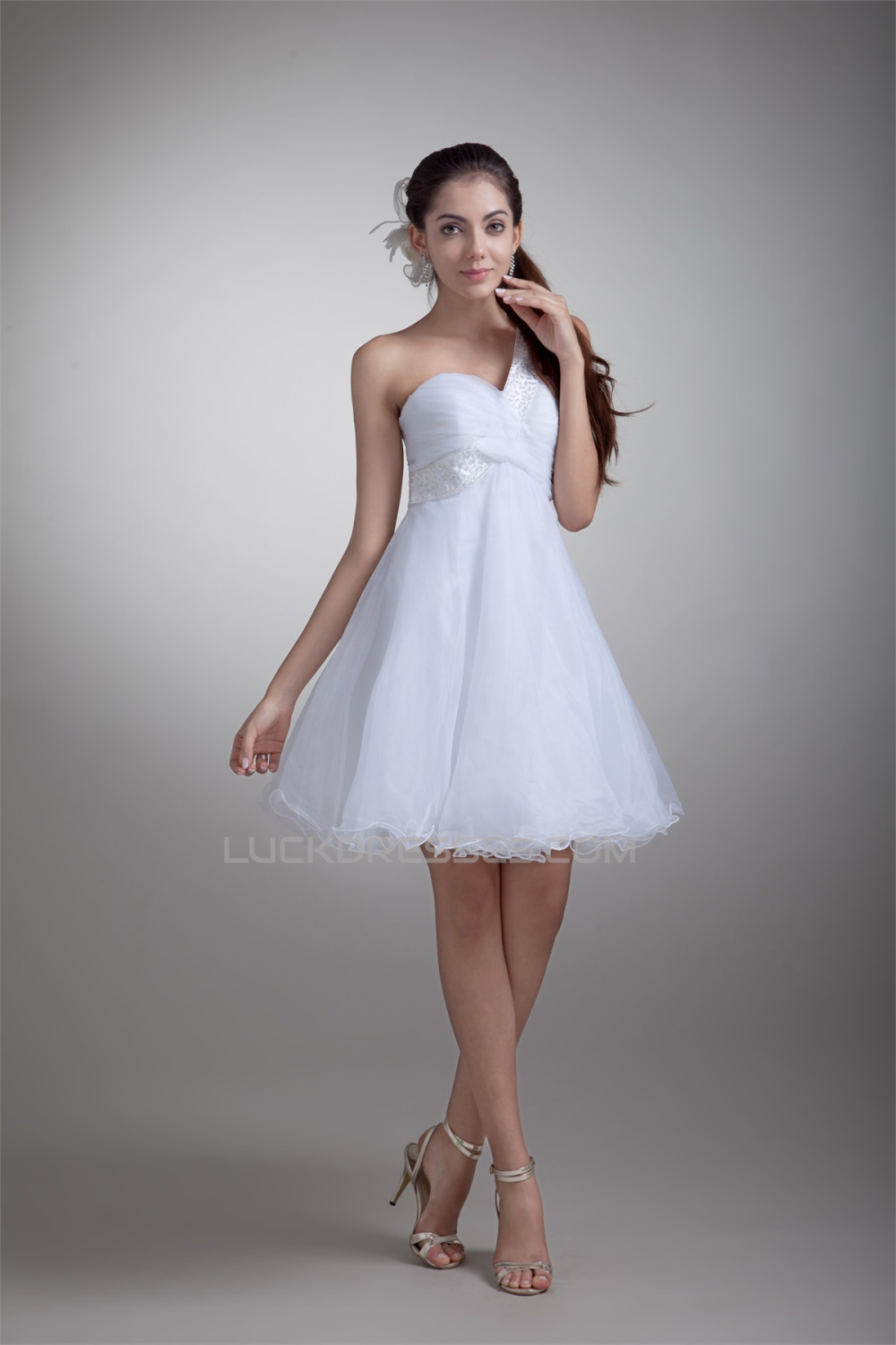 Princess Satin Organza Sleeveless One-Shoulder Little White Dresses ...
