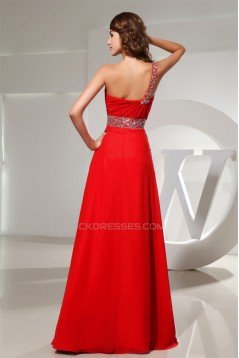 A-Line Floor-Length One-Shoulder Beading Long Red Chiffon Prom/Formal Evening Dresses 02020188